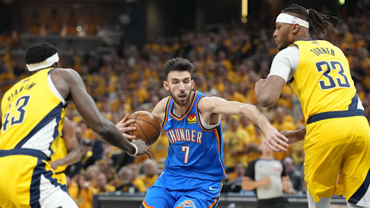 Oklahoma City Thunder forward Chet Holmgren (7) drives to the basket against Indiana Pacers forward Pascal Siakam (43) and center Myles Turner (33) during the first half during game three of the 2025 NBA Finals at Gainbridge Fieldhouse. Oklahoma City Thunder forward Chet Holmgren (7) drives to the basket against Indiana Pacers forward Pascal Siakam (43) and center Myles Turner (33) during the first half during game three of the 2025 NBA Finals at Gainbridge Fieldhouse.