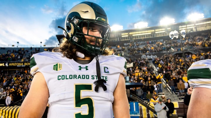 CSU football's junior tight end Dallin Holker takes the field as one of the Rams' captains for the Border War against Wyoming at War Mermorial Stadium on Friday Nov. 3, 2023 in Laramie, Wyo.