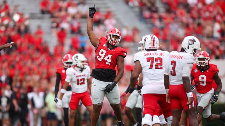 Sep 6, 2025; Athens, Georgia, USA; Georgia Bulldogs defensive lineman Xzavier McLeod (94) reacts after a play against the Austin Peay Governors in the third quarter at Sanford Stadium. Mandatory Credit: Brett Davis-Imagn Images