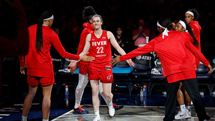 Caitlin Clark of the Indiana Fever is introduced before the game against the Atlanta Dream on July 11, 2025 at Gainbridge Fieldhouse in Indianapolis, Indiana.