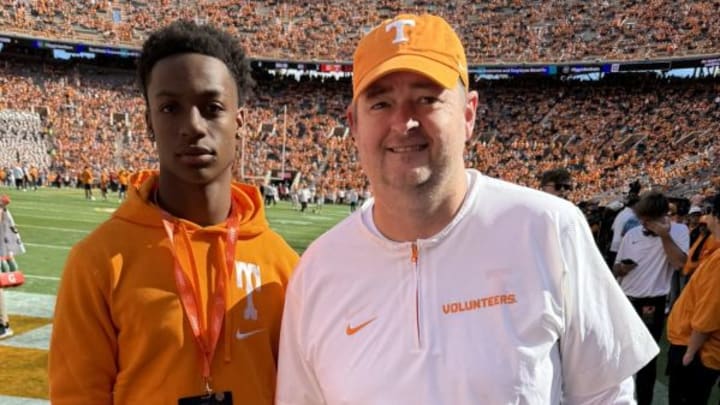 Caden Harris with Tennessee head coach Josh Heupel. Caden Harris with Tennessee head coach Josh Heupel.
