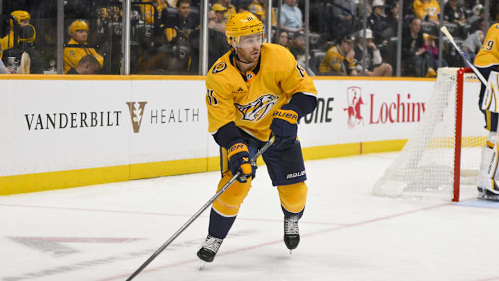 Mar 21, 2026; Nashville, Tennessee, USA;  Nashville Predators center Jonathan Marchessault (81) skates behind the net against the Vegas Golden Knights during the third period at Bridgestone Arena. Mandatory Credit: Steve Roberts-Imagn Images