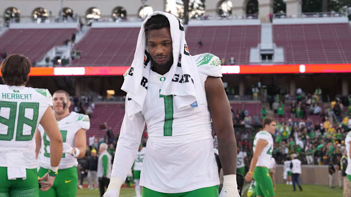 Sep 30, 2023; Stanford, California, USA; Oregon Ducks defensive end Jordan Burch (1) after defeating the Stanford Cardinal at Stanford Stadium.