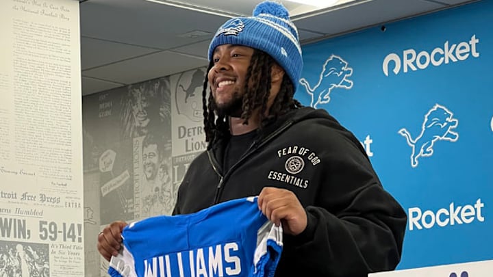 New Detroit Lions defensive tackle Tyleik Williams meets with reporters at the Allen Park Performance Center New Detroit Lions defensive tackle Tyleik Williams meets with reporters at the Allen Park Performance Center