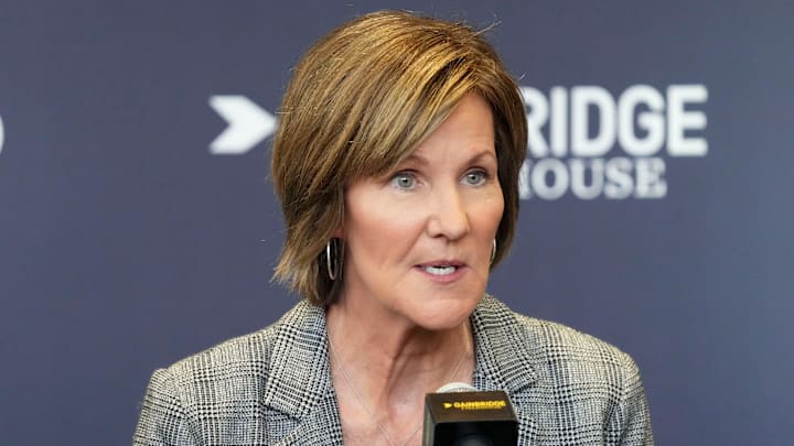 Indiana Fever President of Basketball and Business Operations Kelly Krauskopf speaks during an introductory press conference for forward DeWanna Bonner on Monday, Feb. 10, 2025, at Gainbridge Fieldhouse in Indianapolis.