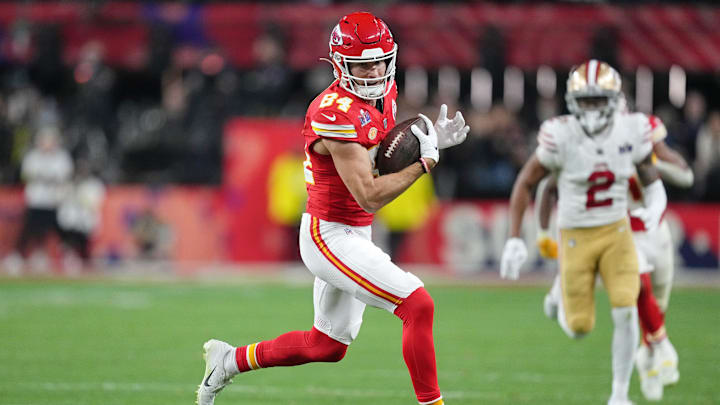 Feb 11, 2024; Paradise, Nevada, USA; Kansas City Chiefs wide receiver Justin Watson (84) makes a catch against the Kansas City Chiefs during the fourth quarter of Super Bowl LVIII at Allegiant Stadium. Mandatory Credit: Kirby Lee-USA TODAY Sports