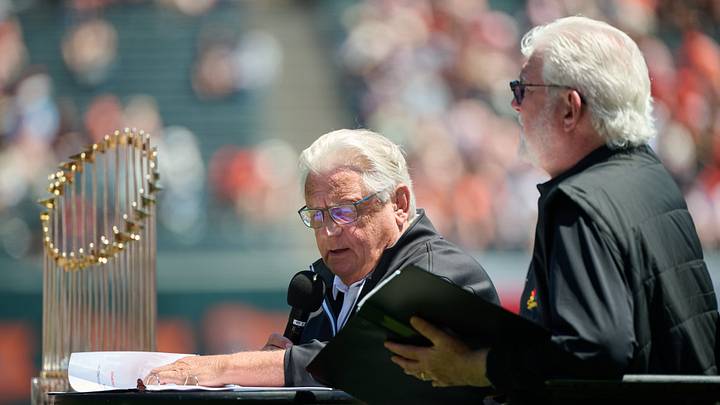 San Francisco, California, USA; San Francisco Giants broadcasters Duane Kuiper (left) and Mike Krukow lead a ceremony celebrating the tenth anniversary of the Giants' 2014 World Series championship at Oracle Park.  Mandatory Credit: Robert Edwards-USA TODAY Sports