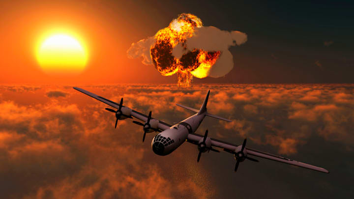 An illustration of the moments following the ‘Enola Gay’’s deployment of the atomic bomb over Hiroshima.