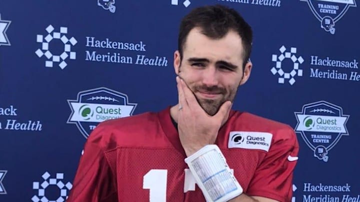 Giants quarterback Jake Fromm answers questions after practice at the University of Arizona on