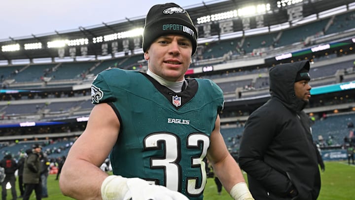 Dec 14, 2025; Philadelphia, Pennsylvania, USA; Philadelphia Eagles cornerback Cooper Dejean (33) walks off the field after win against the Las Vegas Raiders at Lincoln Financial Field. Mandatory Credit: Eric Hartline-Imagn Images