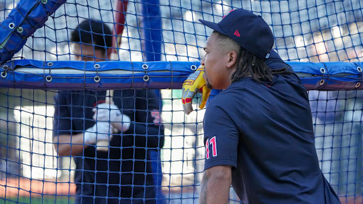Sep 3, 2024; Kansas City, Missouri, USA; Cleveland Guardians third baseman José Ramírez (11) waits to take batting practice against the Kansas City Royals prior to a game at Kauffman Stadium. Mandatory Credit: Denny Medley-Imagn Images