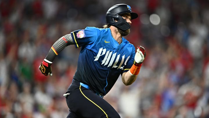 Jun 21, 2024; Philadelphia, Pennsylvania, USA; Philadelphia Phillies first baseman Bryce Harper (3) runs toward first after hitting a double against the Arizona Diamondbacks in the sixth inning at Citizens Bank Park. Jun 21, 2024; Philadelphia, Pennsylvania, USA; Philadelphia Phillies first baseman Bryce Harper (3) runs toward first after hitting a double against the Arizona Diamondbacks in the sixth inning at Citizens Bank Park.