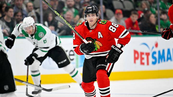 Nov 23, 2022; Dallas, Texas, USA; Chicago Blackhawks right wing Patrick Kane (88) in action during the game between the Dallas Stars and the Chicago Blackhawks at American Airlines Center. Mandatory Credit: Jerome Miron-USA TODAY Sports