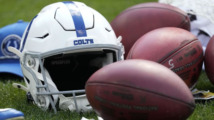Sep 15, 2024; Green Bay, Wisconsin, USA;  General view of an Indianapolis Colts helmet during the game against the Green Bay Packers at Lambeau Field. Mandatory Credit: Jeff Hanisch-Imagn Images