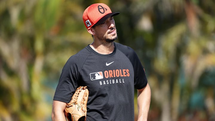 Feb 13, 2025; Sarasota, FL, USA; Baltimore Orioles pitcher Charlie Morton (50) during spring training workouts at Ed Smith Stadium. Feb 13, 2025; Sarasota, FL, USA; Baltimore Orioles pitcher Charlie Morton (50) during spring training workouts at Ed Smith Stadium.