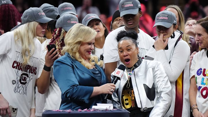 South Carolina basketball coach Dawn Staley and her team celebrating their most recent National Championship