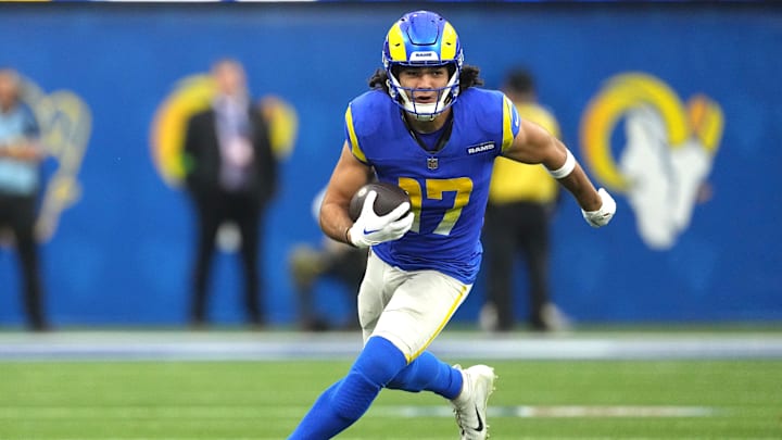 Dec 17, 2023; Inglewood, California, USA; Los Angeles Rams wide receiver Puka Nacua (17) carries the ball after the catch.