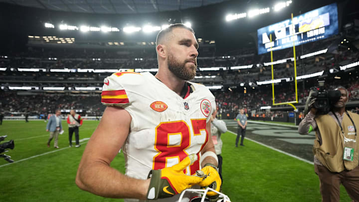 Kansas City Chiefs tight end Travis Kelce walks onto the field before the game against the Las Vegas Raiders Allegiant Stadium. 