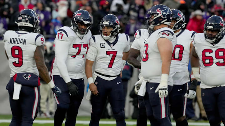 Jan 20, 2024; Baltimore, MD, USA; Houston Texans quarterback C.J. Stroud (7) huddles with teammates during the first quarter of a 2024 AFC divisional round game against the Baltimore Ravens at M&T Bank Stadium. Mandatory Credit: Mitch Stringer-USA TODAY Sports