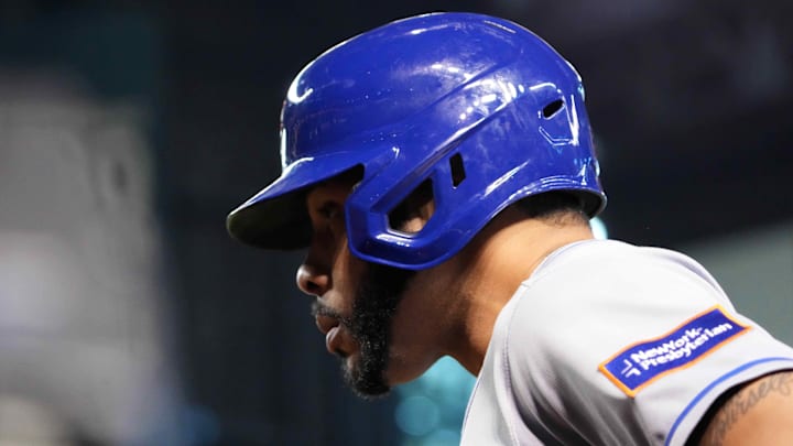 Jul 6, 2023; Phoenix, Arizona, USA; New York Mets left fielder Tommy Pham (28) looks on against the Arizona Diamondbacks during the first inning at Chase Field. Mandatory Credit: Joe Camporeale-Imagn Images