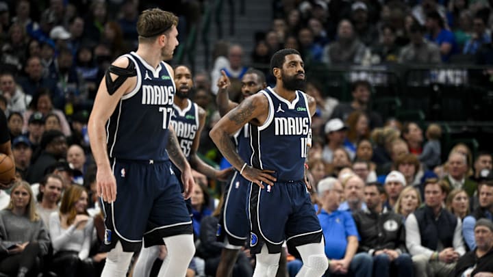 Jan 3, 2024; Dallas, Texas, USA; Dallas Mavericks guard Luka Doncic (77) and guard Kyrie Irving (11)