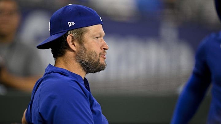 Apr 20, 2025; Arlington, Texas, USA; Los Angeles Dodgers pitcher Clayton Kershaw looks during the game between the Texas Rangers and the Los Angeles Dodgers at Globe Life Field. Mandatory Credit: Jerome Miron-Imagn Images Apr 20, 2025; Arlington, Texas, USA; Los Angeles Dodgers pitcher Clayton Kershaw looks during the game between the Texas Rangers and the Los Angeles Dodgers at Globe Life Field. Mandatory Credit: Jerome Miron-Imagn Images