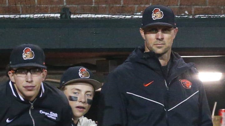Oregon State head coach Mitch Canham watches his team compete against Xavier during an NCAA college baseball game at Goss Stadium on Friday, March 6, 2026, in Corvallis, Ore.