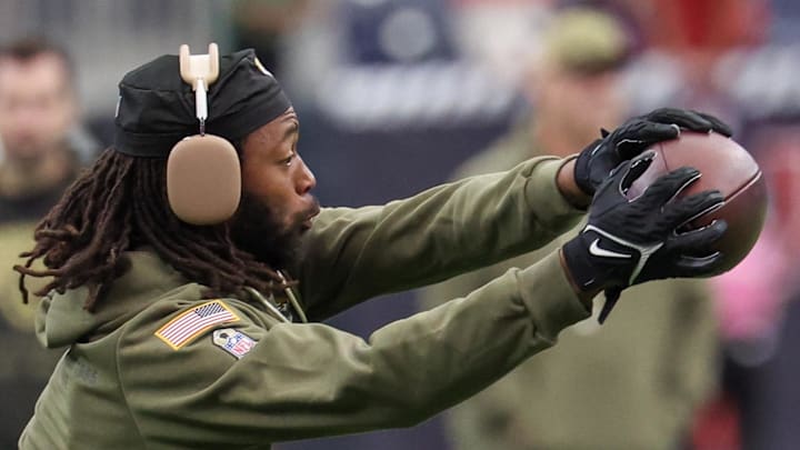 Nov 9, 2025; Houston, Texas, USA; Jacksonville Jaguars wide receiver Jakobi Meyers (3) warms up prior to a game against the Houston Texans at NRG Stadium. Mandatory Credit: Thomas Shea-Imagn Images