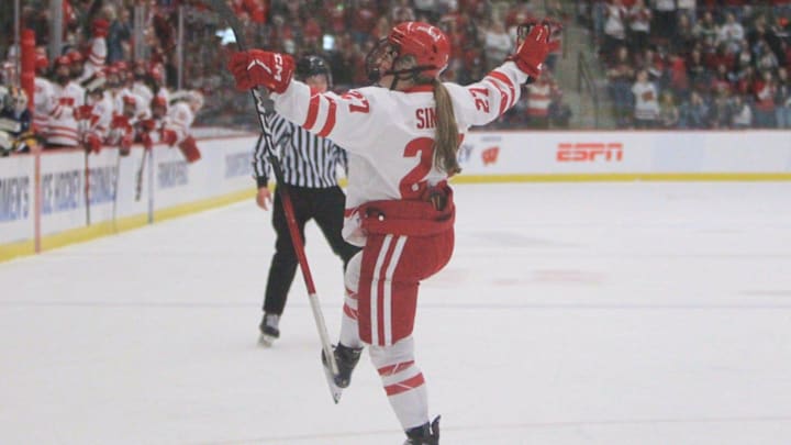 Wisconsin's Kirsten Simms celebrates after scoring her team's second goal in a NCAA regional final versus Quinnipiac at LaBahn Arena in Madison, Wis. on March 14, 2026.
