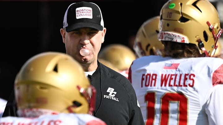Nov 8, 2025; Chestnut Hill, Massachusetts, USA; Boston College Eagles head coach Bill O'Brien looks on during warm-ups before a game at Alumni Stadium. Mandatory Credit: Eric Canha-Imagn Images Nov 8, 2025; Chestnut Hill, Massachusetts, USA; Boston College Eagles head coach Bill O'Brien looks on during warm-ups before a game at Alumni Stadium. Mandatory Credit: Eric Canha-Imagn Images