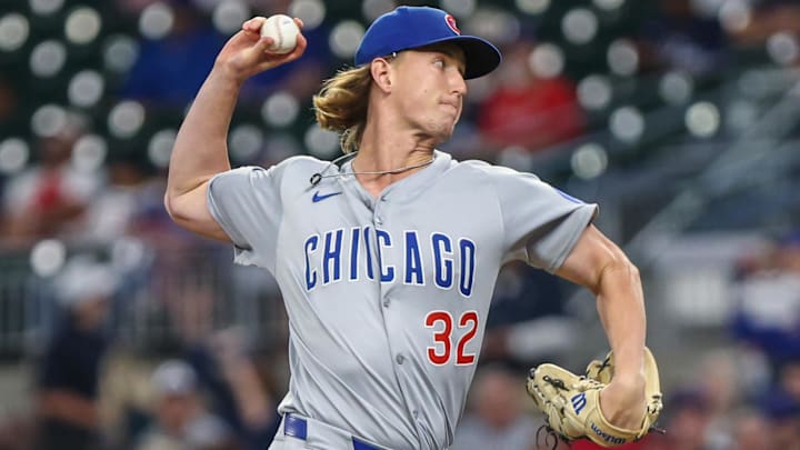 Sep 9, 2025; Cumberland, Georgia, USA; Chicago Cubs pitcher Ben Brown (32) pitches the ball against the Atlanta Braves during the ninth inning at Truist Park. Mandatory Credit: Jordan Godfree-Imagn Images