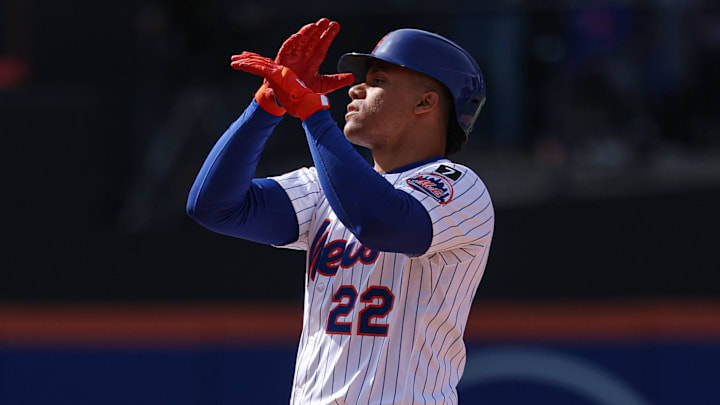 Apr 20, 2025; New York City, New York, USA; New York Mets right fielder Juan Soto (22) reacts after hitting a two-run double during the eighth inning against the St. Louis Cardinals at Citi Field. Mandatory Credit: Vincent Carchietta-Imagn Images Apr 20, 2025; New York City, New York, USA; New York Mets right fielder Juan Soto (22) reacts after hitting a two-run double during the eighth inning against the St. Louis Cardinals at Citi Field. Mandatory Credit: Vincent Carchietta-Imagn Images