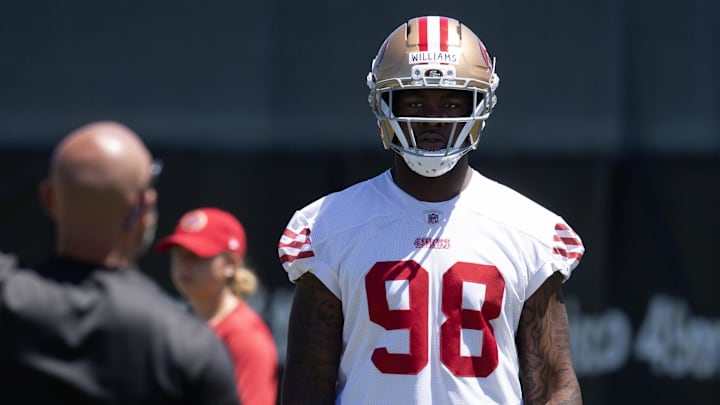 May 9, 2025; Santa Clara, CA, USA; San Francisco 49ers defensive lineman Mikel Williams (98) works out during the teamís rookie minicamp. Mandatory Credit: D. Ross Cameron-Imagn Images