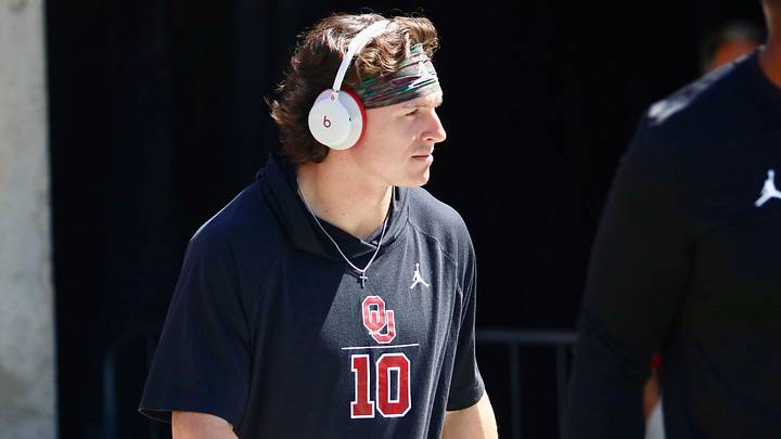Oklahoma quarterback John Mateer takes the field to warm up. Oklahoma quarterback John Mateer takes the field to warm up.