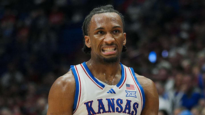 Nov 3, 2025; Lawrence, Kansas, USA; Kansas Jayhawks guard Darryn Peterson (22) reacts during the second half against the Green Bay Phoenix at Allen Fieldhouse. Mandatory Credit: Jay Biggerstaff-Imagn Images