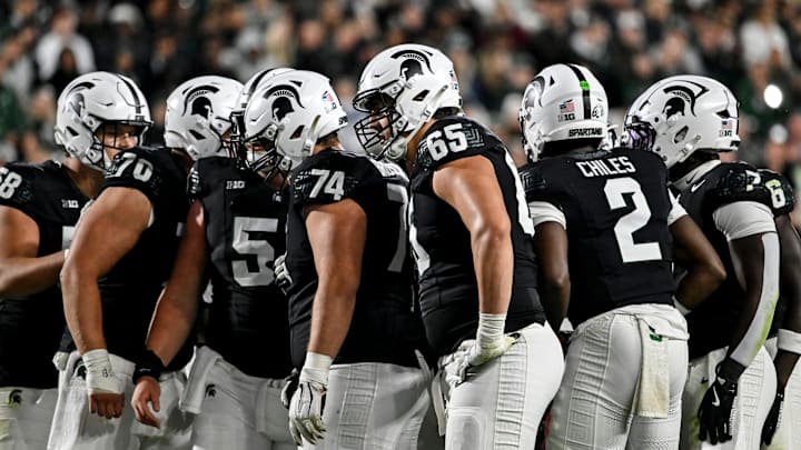 Michigan State huddles up during the second quarter in the game against Boston College on Saturday, Sept. 6, 2025, at Spartan Stadium in East Lansing.