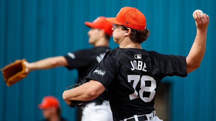 Detroit Tigers pitcher Jackson Jobe throws during spring training at TigerTown in Lakeland, Fla. on