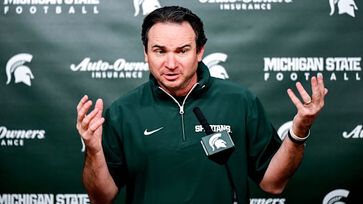 Michigan State coach Jonathan Smith talks the media on the first national signing day for college football recruits Wednesday, Dec. 4, 2024, at Spartan Stadium in East Lansing.
