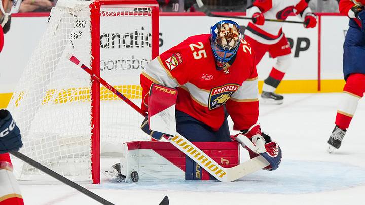 Florida Panthers goaltender Jacob Markstrom (25) stops the shot against the Carolina Hurricanes during the first period at Lenovo Center.  Mandatory Credit: James Guillory-Imagn Images