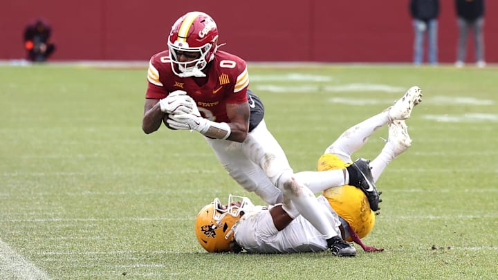 Nov 1, 2025; Ames, Iowa, USA; Iowa State Cyclones wide receiver Chase Sowell (0) catches a pass against the Arizona State Sun Devils during the second half at Jack Trice Stadium. Mandatory Credit: Reese Strickland-Imagn Images