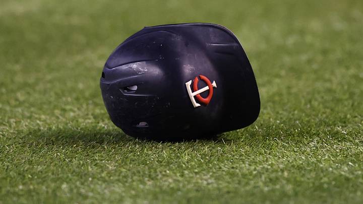 Detailed view of a Minnesota Twins batting helmet. Detailed view of a Minnesota Twins batting helmet.