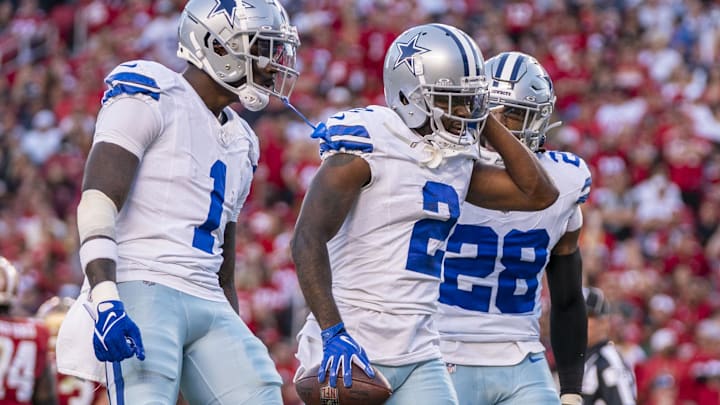 October 8, 2023; Santa Clara, California, USA; Dallas Cowboys cornerback Jourdan Lewis (2) is congratulated for scoring a touchdown against the San Francisco 49ers during the second quarter at Levi's Stadium. Mandatory Credit: Kyle Terada-Imagn Images October 8, 2023; Santa Clara, California, USA; Dallas Cowboys cornerback Jourdan Lewis (2) is congratulated for scoring a touchdown against the San Francisco 49ers during the second quarter at Levi's Stadium. Mandatory Credit: Kyle Terada-Imagn Images