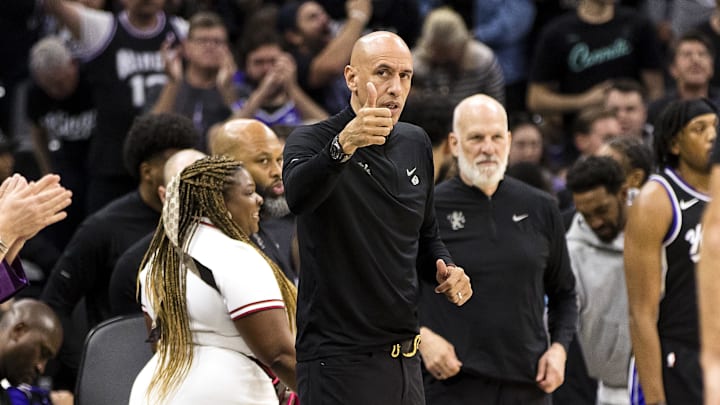 Apr 13, 2025; Sacramento, California, USA; Sacramento Kings interim head coach Doug Christie gestures to the Phoenix Suns bench after the game at Golden 1 Center. Mandatory Credit: John Hefti-Imagn Images Apr 13, 2025; Sacramento, California, USA; Sacramento Kings interim head coach Doug Christie gestures to the Phoenix Suns bench after the game at Golden 1 Center. Mandatory Credit: John Hefti-Imagn Images