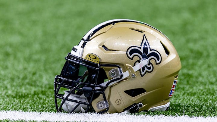 Jan 7, 2024; New Orleans, Louisiana, USA; Detailed view of the New Orleans Saints helmet during warmups against the Atlanta Falcons at Caesars Superdome. Mandatory Credit: Stephen Lew-Imagn Images Jan 7, 2024; New Orleans, Louisiana, USA; Detailed view of the New Orleans Saints helmet during warmups against the Atlanta Falcons at Caesars Superdome. Mandatory Credit: Stephen Lew-Imagn Images