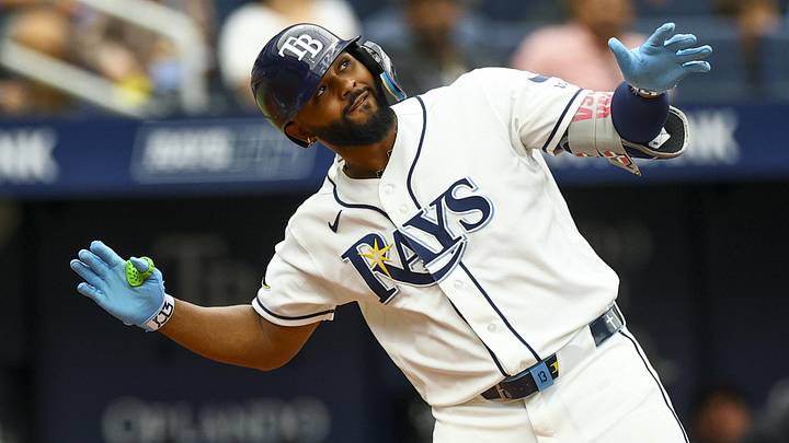 Jun 28, 2026; St. Petersburg, Florida, USA; Tampa Bay Rays third baseman Junior Caminero (13) reacts after hitting a home run against the Arizona Diamondbacks in the fifth inning at Tropicana Field. Mandatory Credit: Nathan Ray Seebeck-Imagn Images