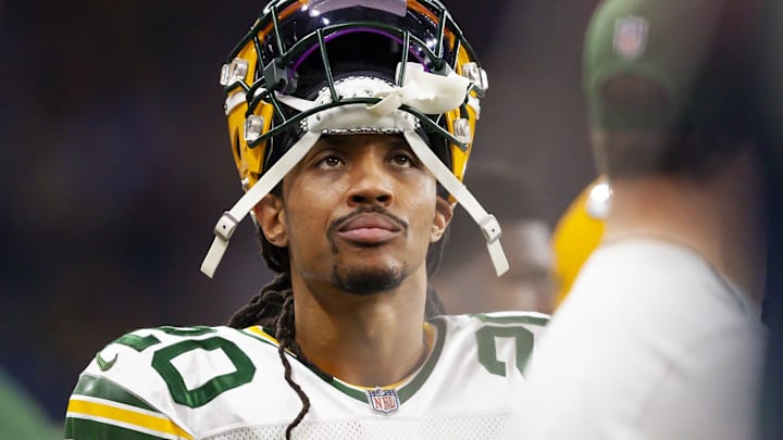 Former Green Bay Packers cornerback Kevin King (20) looks up from the sidelines during the fourth quarter against the Detroit Lions at Ford Field.