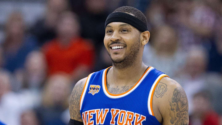 Mar 22, 2017; Salt Lake City, UT, USA; New York Knicks forward Carmelo Anthony (7) reacts to being called for an offensive foul during the second half against the Utah Jazz at Vivint Smart Home Arena. The Jazz won 108-101. Mandatory Credit: Russ Isabella-Imagn Images