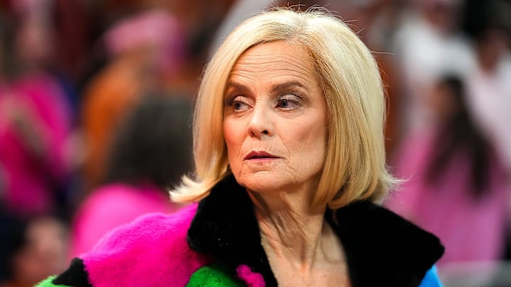 LSU head coach Kim Mulkey walks the court ahead of the game against the Texas Longhorns at the Moody Center on Sunday, Feb. 16, 2025.