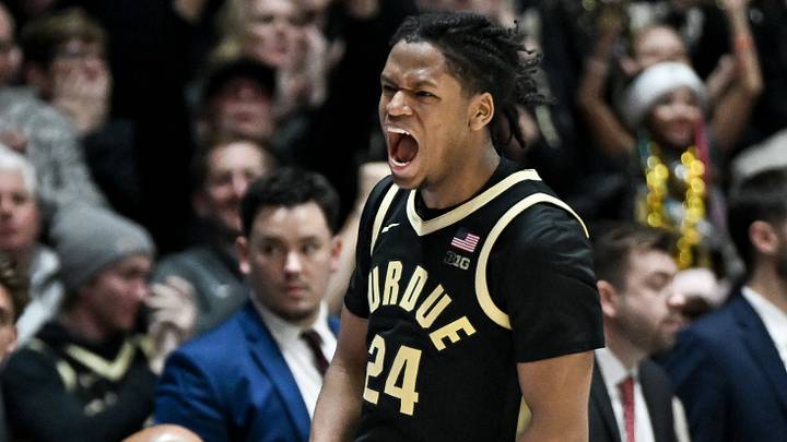 Purdue Boilermakers guard Gicarri Harris (24) celebrates after a play. Purdue Boilermakers guard Gicarri Harris (24) celebrates after a play.