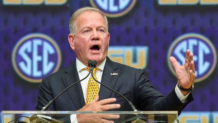 Jul 16, 2025; Atlanta, GA, USA; LSU Tigers head coach Brian Kelly talks to the media during SEC Media Day at Omni Atlanta Hotel. Mandatory Credit: Jordan Godfree-Imagn Images